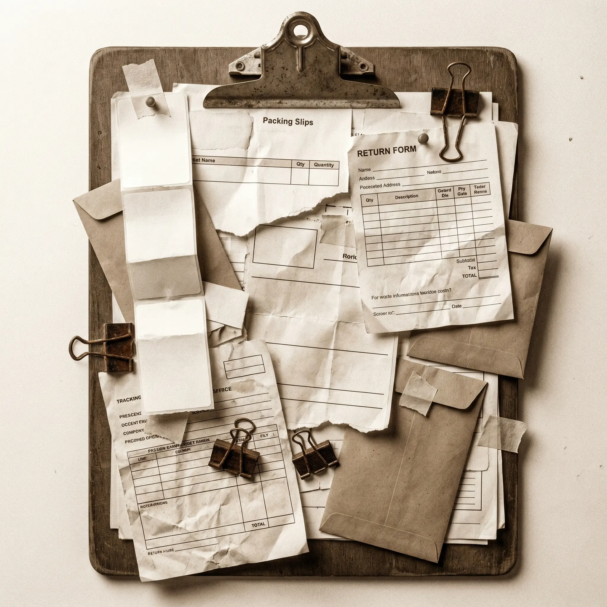Archived packing slips and label samples clipped into a sorting dossier