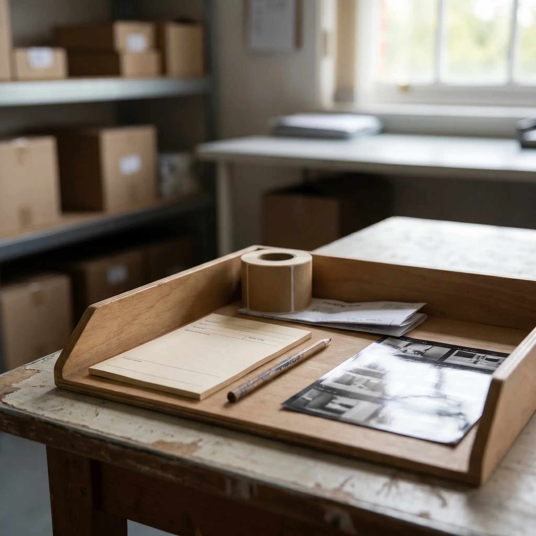 A blank parcel intake card beside a pencil, label roll, and folded packing note