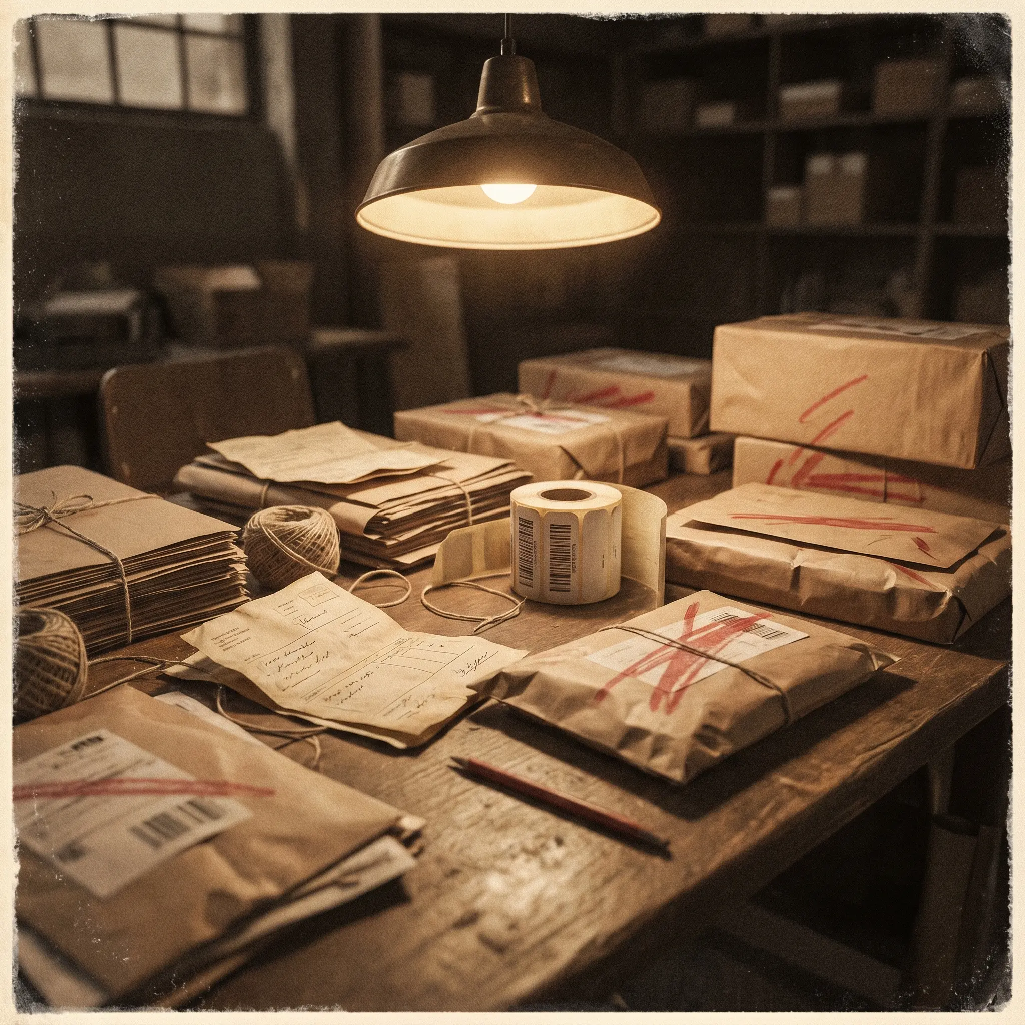 Parcel labels, barcode slips, and folded packing paper arranged on a sorting desk