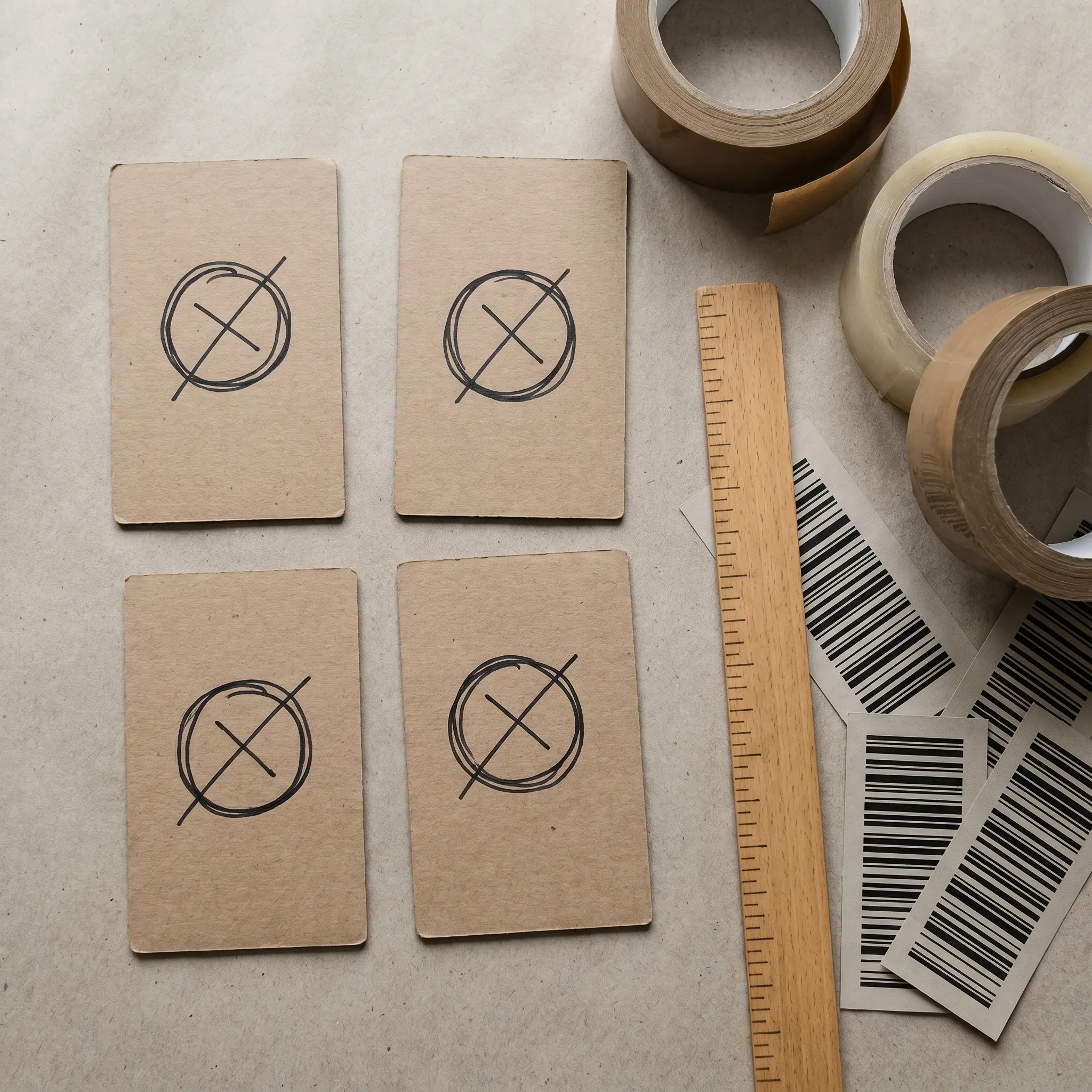 Four blank shipping checkpoint cards with tape, ruler, and abstract barcode strips